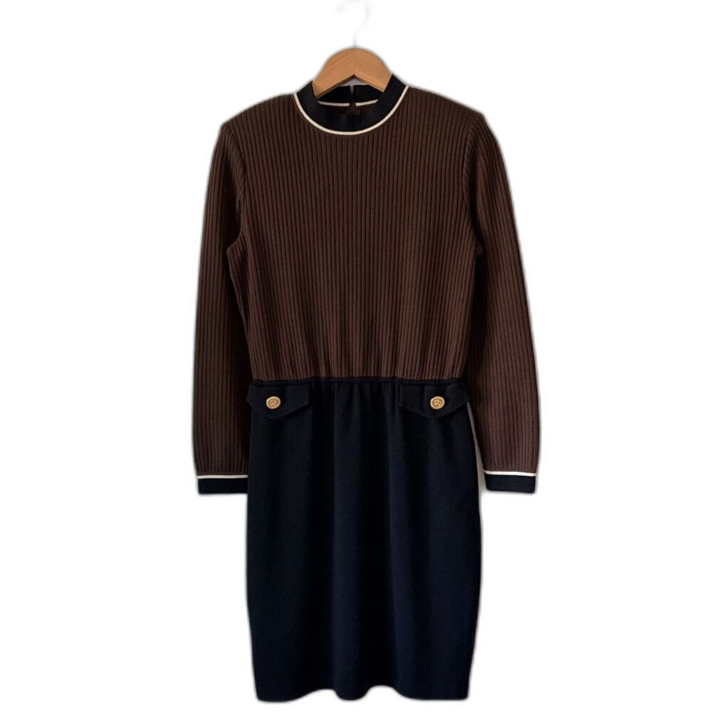 Vintage ST. JOHN Collection Colorblock Ribbed Knit Sweater Dress Black & Brown 4